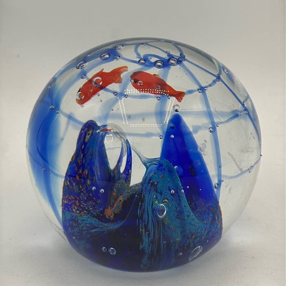 Goldfish bowl world themed glass paperweight